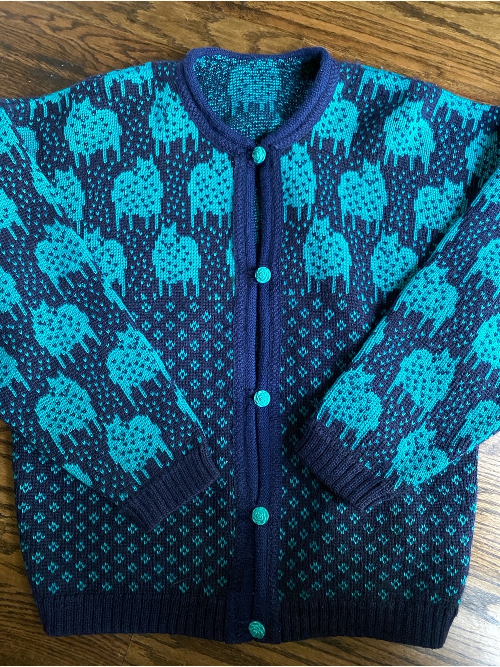 Vintage Halling Norway Norwegian Teal and Navy Patterned Cardigan Sweater - Picture 10 of 14